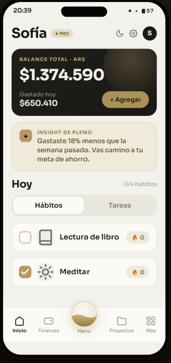 Pantalla de inicio — patrimonio y resumen diario